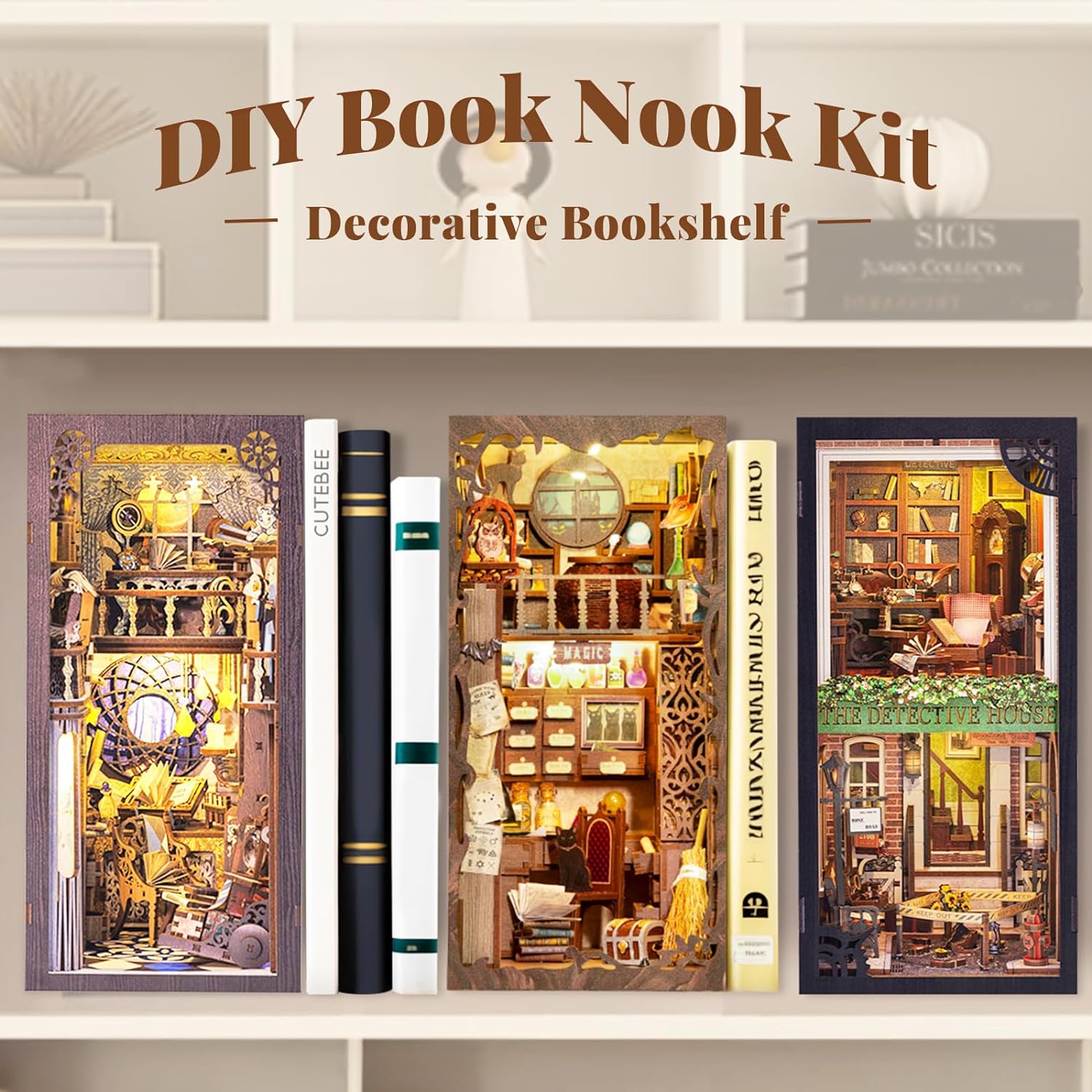 Puzzle 3D Cotor de carte DIY, Magician, Cu lumini LED, 282 piese, Book Nook Magic Pharmacist, Cutebee