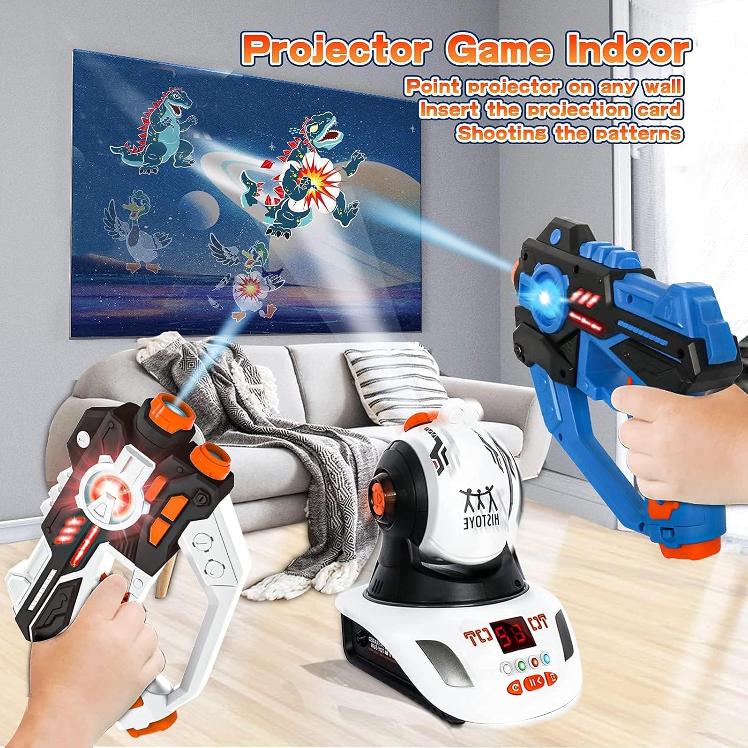 Set pistol de jucarie cu laser si proiector tinte, pentru interior si exterior, doua moduri joaca, cu efecte de lumini, sunete si vibratii, multifunctional