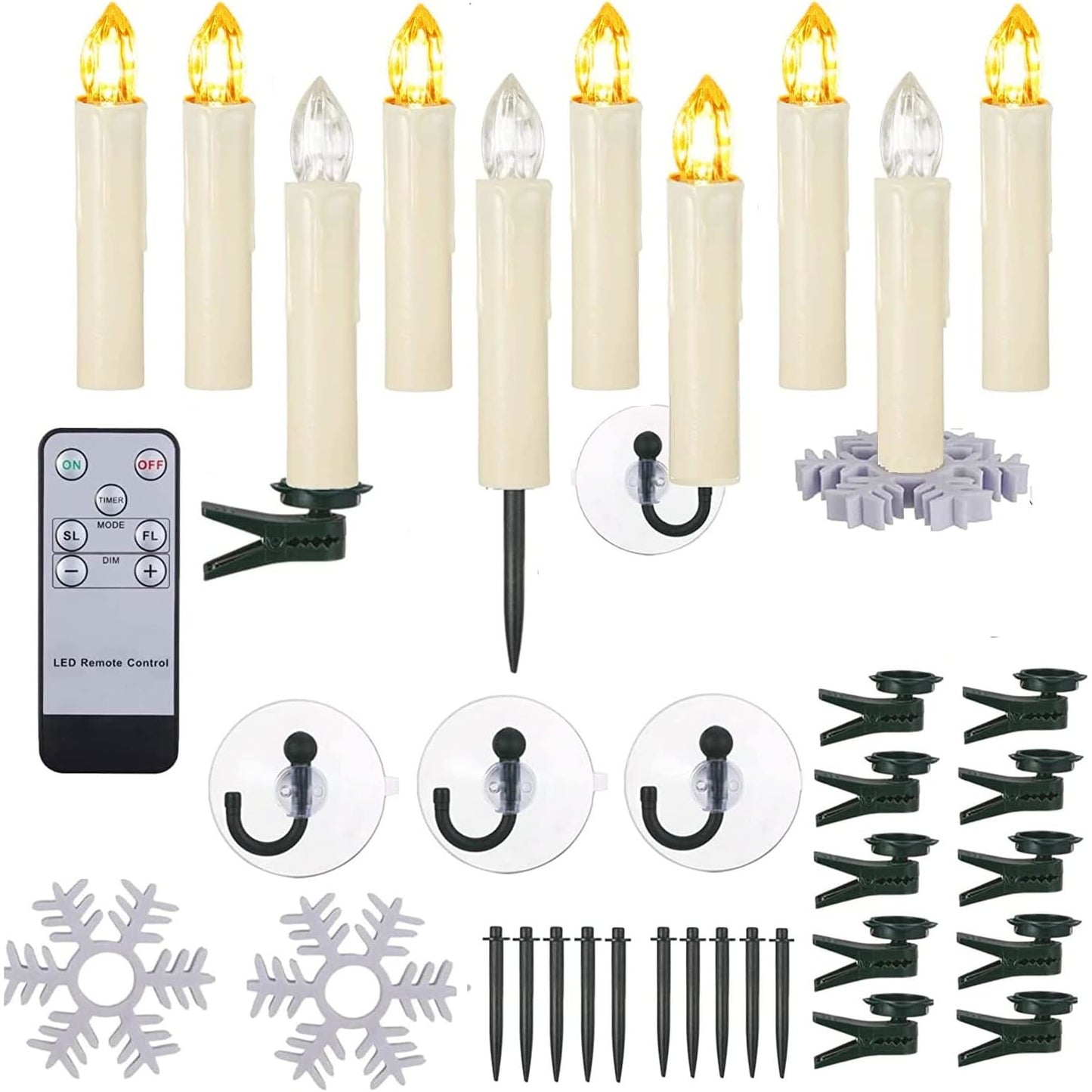 Set 10 Lumanari LED cu telecomanda, impermeabile IP64, dimabile cu 5 niveluri luminozitate, 3 moduri iluminare, cu prindere tip clema, tarus, ventuza sau suport, pentru Halloween, Craciun, nunta, petrecere, decoratiuni de gradina