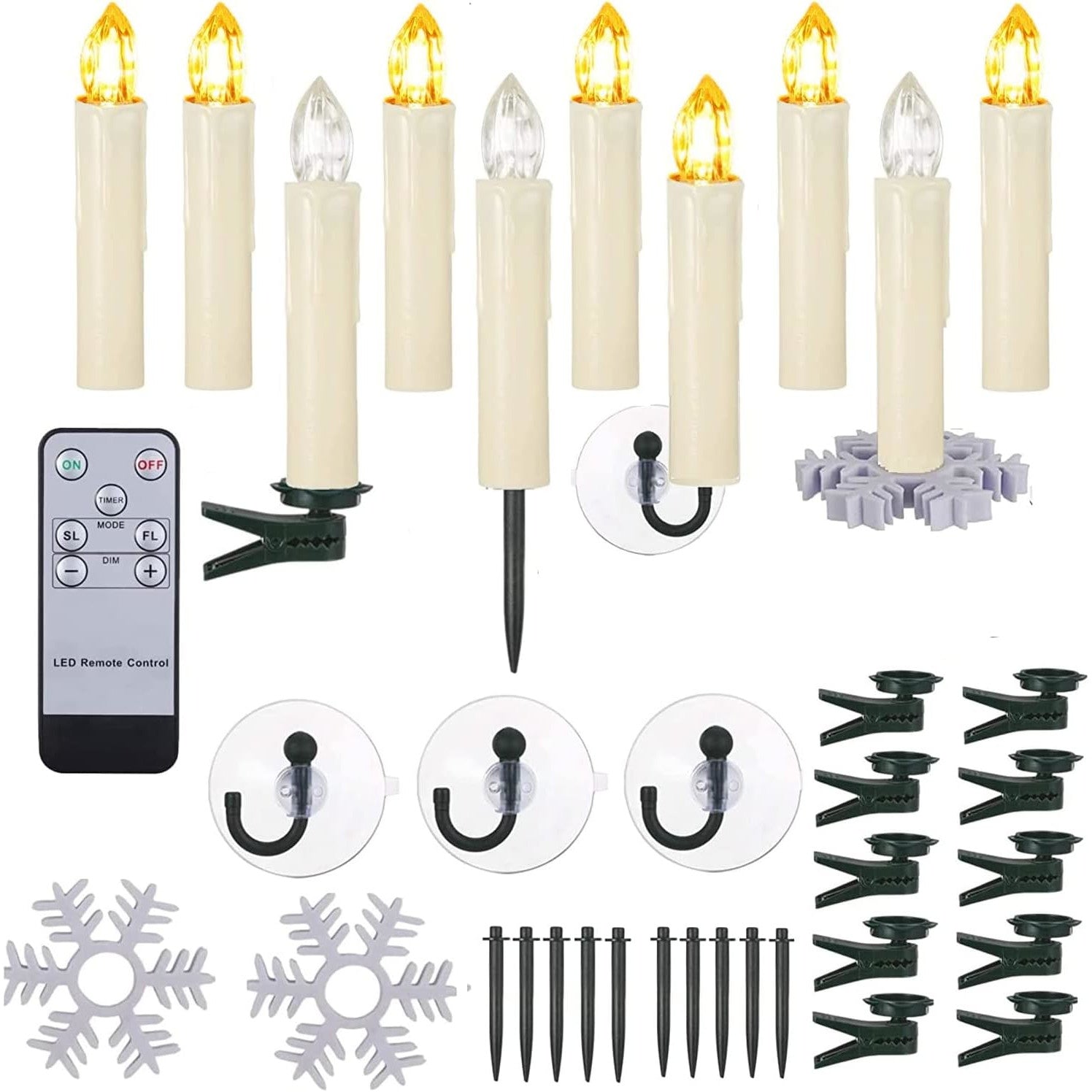 Set 10 Lumanari LED cu telecomanda, impermeabile IP64, dimabile cu 5 niveluri luminozitate, 3 moduri iluminare, cu prindere tip clema, tarus, ventuza sau suport, pentru Halloween, Craciun, nunta, petrecere, decoratiuni de gradina