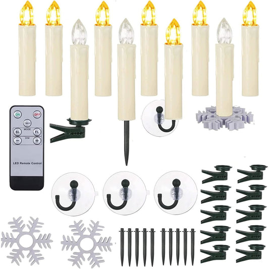 Set 10 Lumanari LED cu telecomanda, impermeabile IP64, dimabile cu 5 niveluri luminozitate, 3 moduri iluminare, cu prindere tip clema, tarus, ventuza sau suport, pentru Halloween, Craciun, nunta, petrecere, decoratiuni de gradina