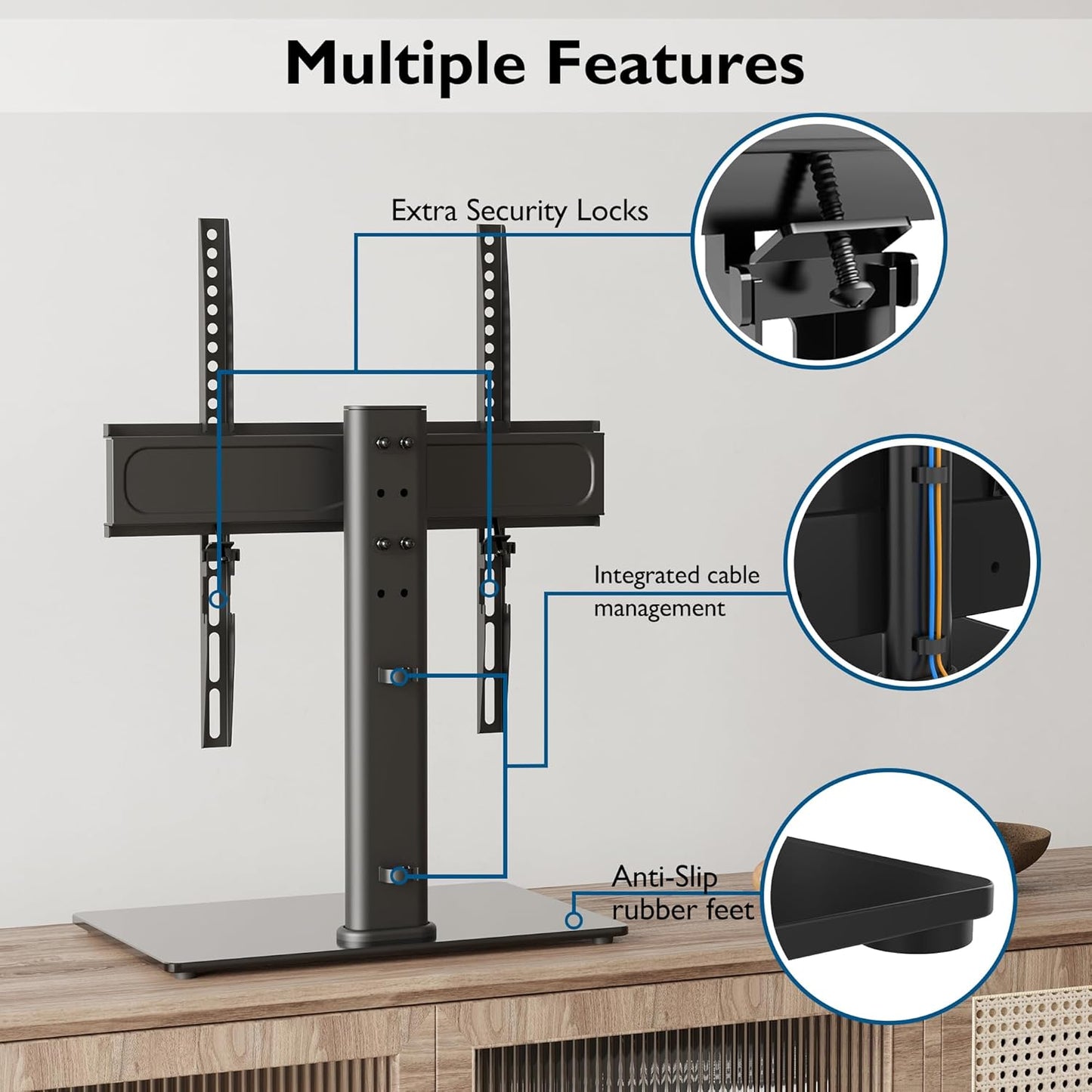 Suport TV cu stand de masa/birou, pentru televizor plat si curbat 26-55 inch, suporta greutate pana la 45 kg, VESA 400 x 400 mm, pivotare 50°, inaltime ajustabila, prinderi din otel, multifunctional
