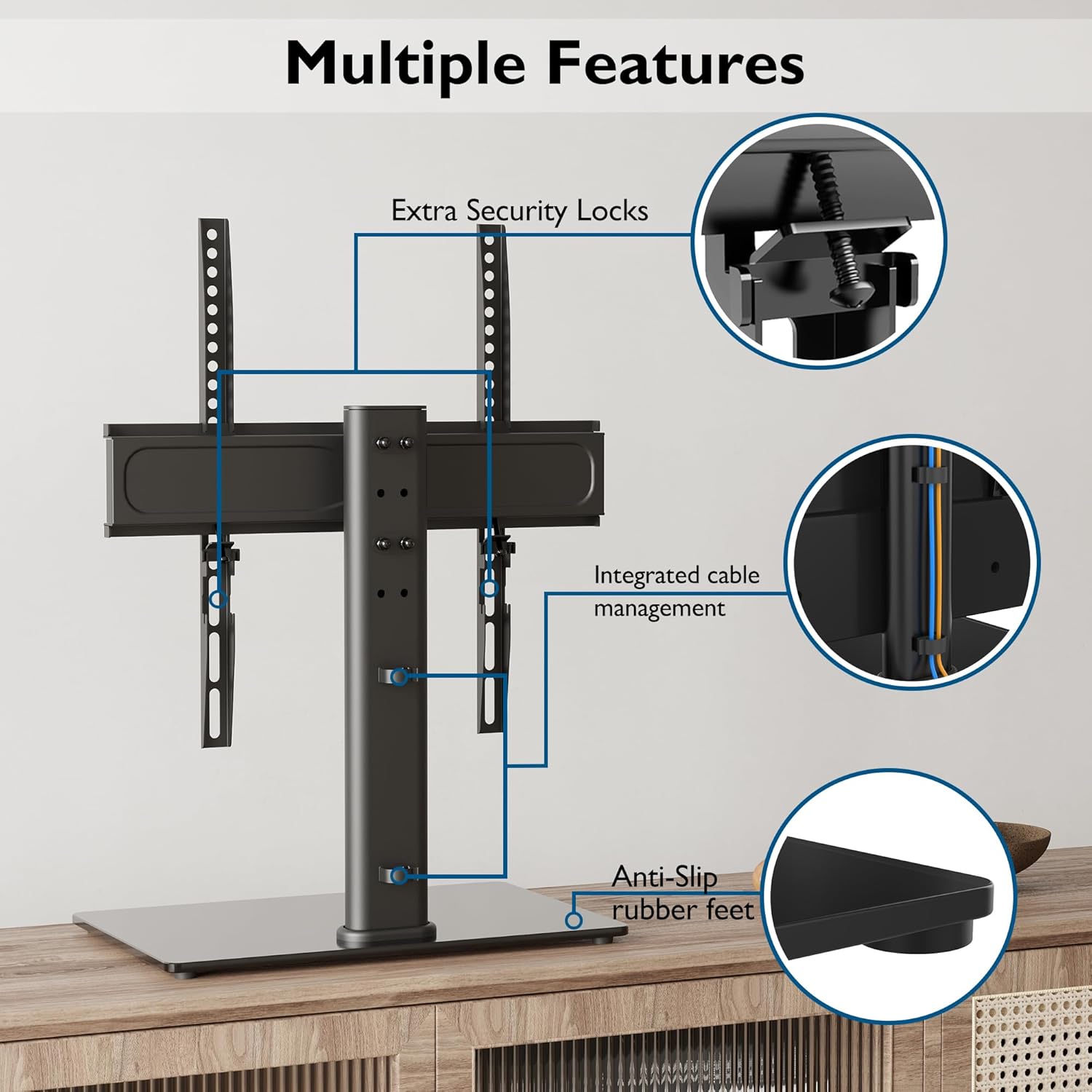 Suport TV cu stand de masa/birou, pentru televizor plat si curbat 26-55 inch, suporta greutate pana la 45 kg, VESA 400 x 400 mm, pivotare 50°, inaltime ajustabila, prinderi din otel, multifunctional