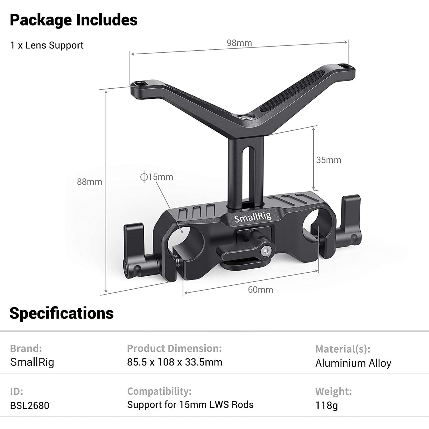 Montura suport obiectiv in forma de Y, reglabil pe inaltime, compatibil cu tije de 15 mm, cu protectie din cauciuc, Smallrig BSL2680