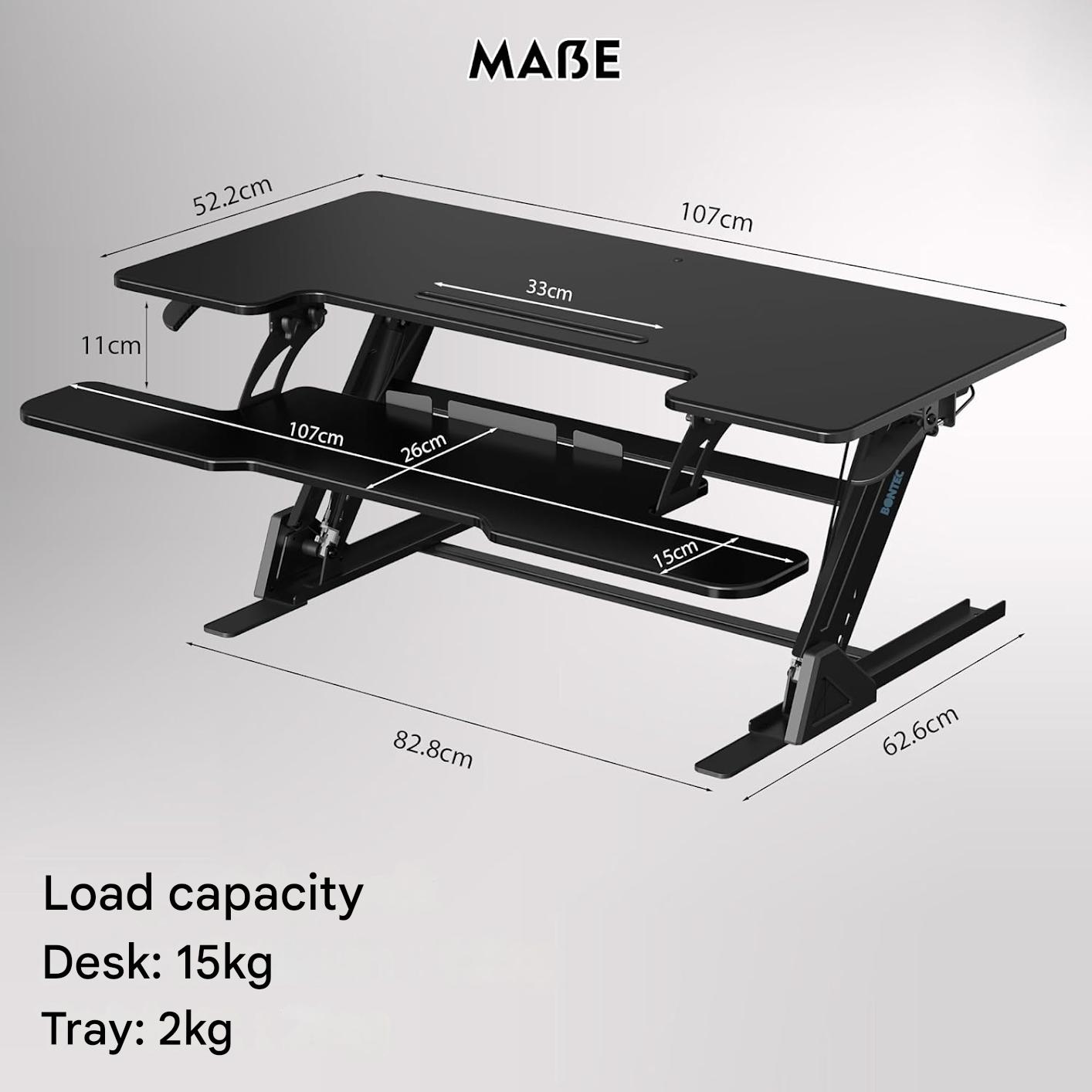 Suport de birou reglabil Bontec, 107x52.2cm, capacitate 15kg, arc dublu, reglaj inaltime 15–44 cm, pentru statie de lucru cu doua monitoare, negru