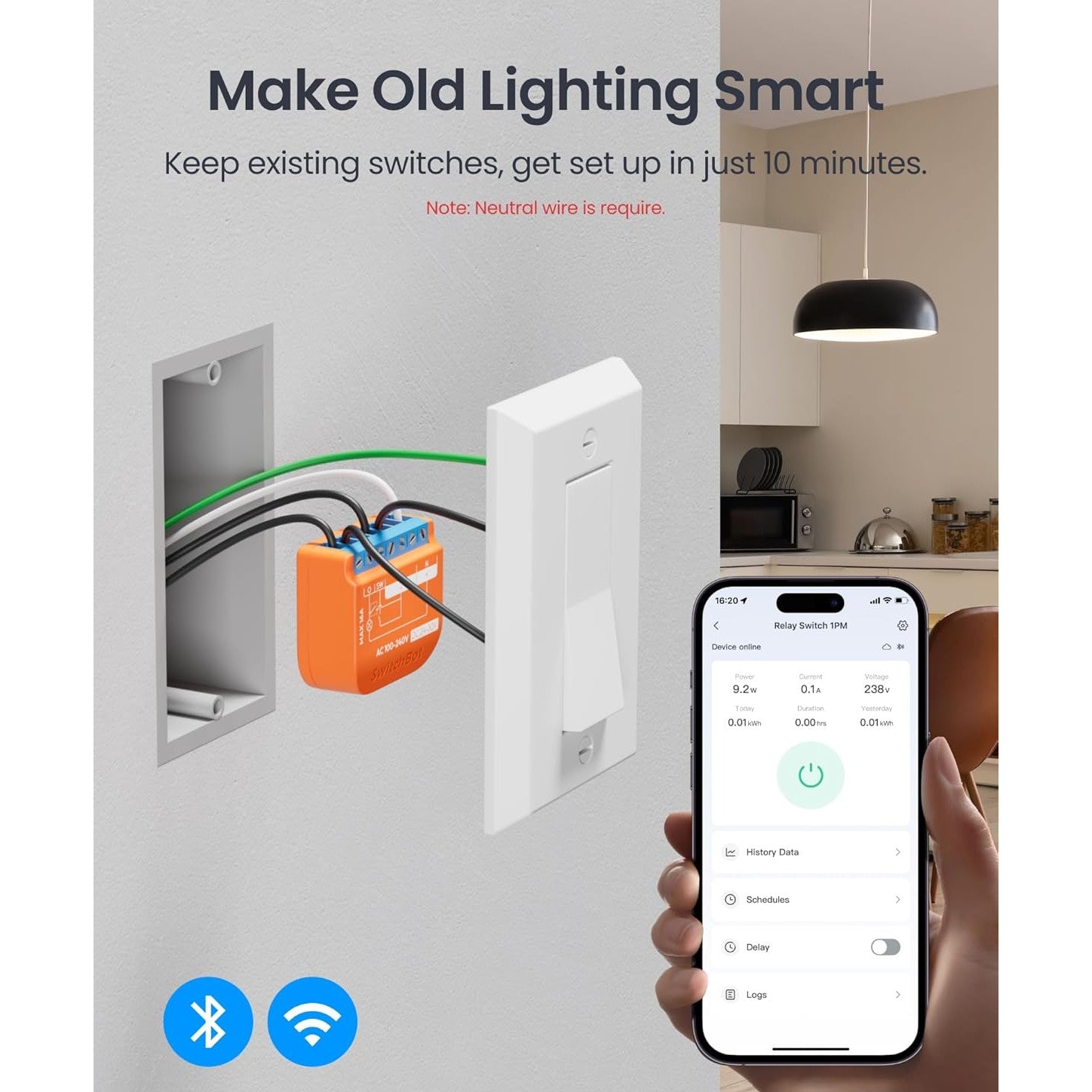 Set 2 releu smart, Bluetooth & WiFi 2.4GHz, 16A, compatibil cu Alexa/Apple Home/Google Home, control prin aplicatie, AC 100-240V, DC 24-30V