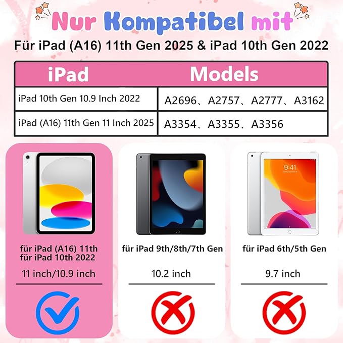 Husa Vunake tip fluture pentru iPad 11/10, cureaua de umăr detasabilă, suport stilou, roz