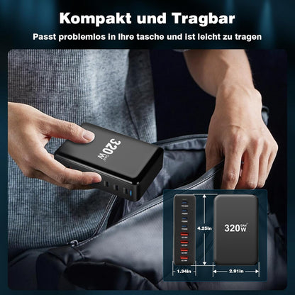 Incarcator retea 320 W, statie de incarcare GaN III, cu 8 porturi, 4 USB-C PD si 4 USB-A QC, pentru MacBook Pro Air, iPad Pro Air, iPhone, Galaxy, smartphone, laptop