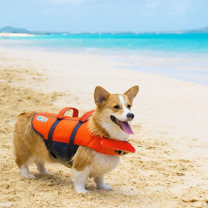 Vesta de salvare pentru caini marimea XL, Outward Hound Granby Splash, greutatea minima 38 kg, portocaliu, cu accente reflectorizante, bretele reglabile, banda abdominala si maner de transport pentru salvare