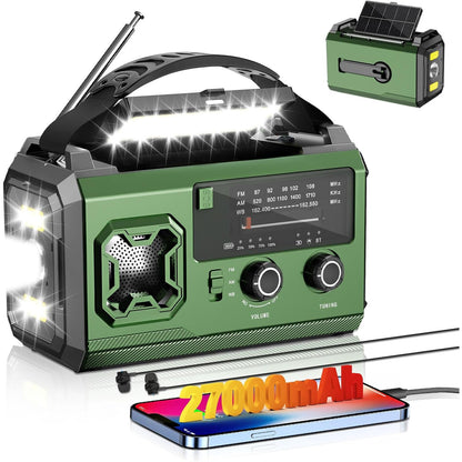 Radio portabil de urgenta cu manivela si panou solar, 27000 mAh, FM/AM, lanterna LED, alarma SOS, busola, functie power bank, USB-C, Bluetooth, verde