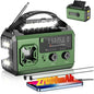 Radio portabil de urgenta cu manivela si panou solar, 27000 mAh, FM/AM, lanterna LED, alarma SOS, busola, functie power bank, USB-C, Bluetooth, verde