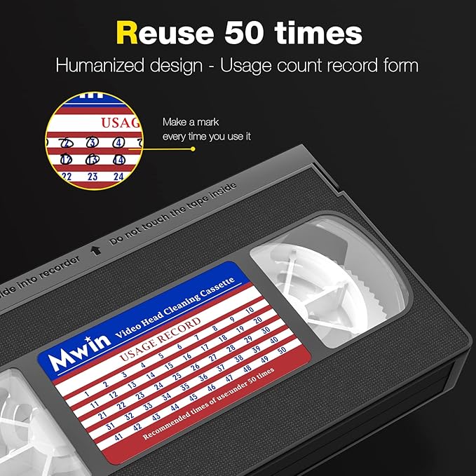 Caseta de curatare VHS pentru player VHS/VCR, banda de curatare reutilizabila pentru capetele video, tehnologie uscata - fara lichid