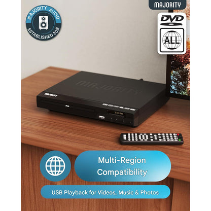 DVD Player pentru TV, compatibil toate regiunile, HDMI cu Upscaling Full HD 1080p, redare USB si CD/DVD/MP3/JPEG, functie anti-soc, telecomanda si cablu HDMI incluse, negru