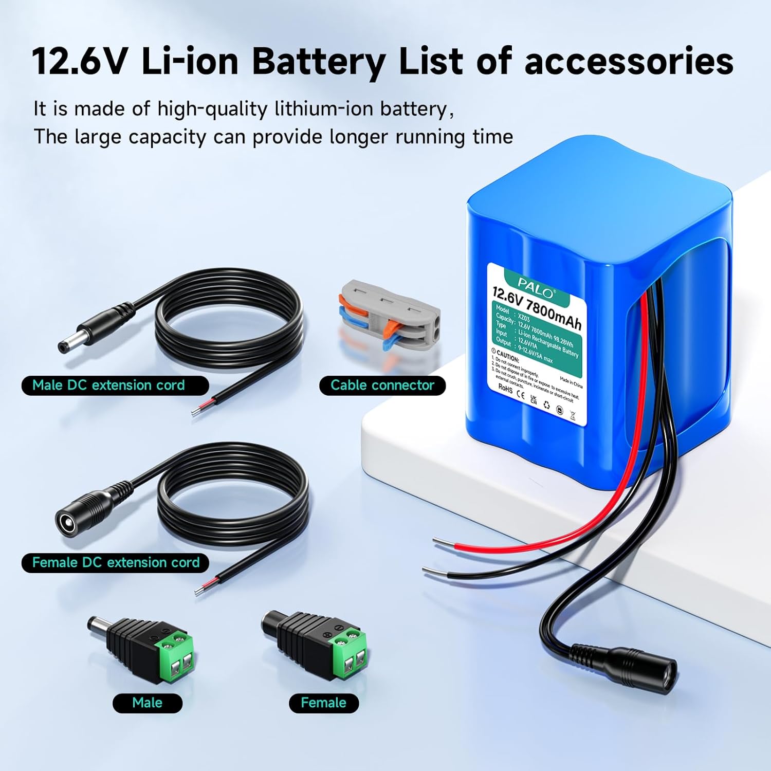 Acumulator 12.6V 7800 mAh, baterie Li-ion cu incarcator, mufe si cablu alimentare mama/tata, suporta incarcare de la panou solar, pentru RC, camere wireless, camere supraveghere, playere portabile, benzi LED, drone, router wireless