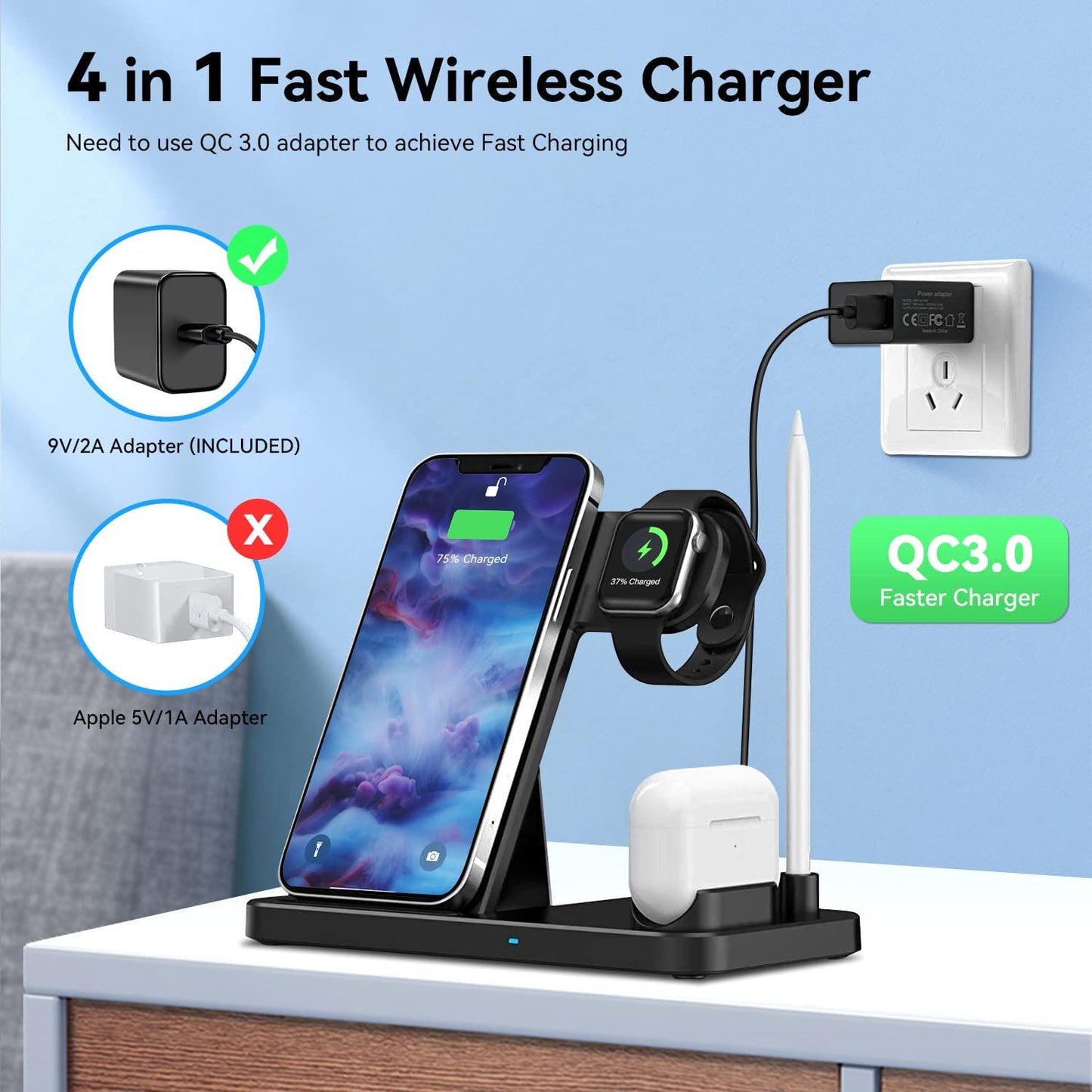 Incarcator wireless 4 in 1, statie de incarcare 15W Qi Fast Charge universal, compatibil Apple Watch si iPhone 12/12 Pro/SE/11/11pro/X/XS/XR/Xs Max, Samsung Galaxy S10 Plus, S10, S10E, S9 Plus