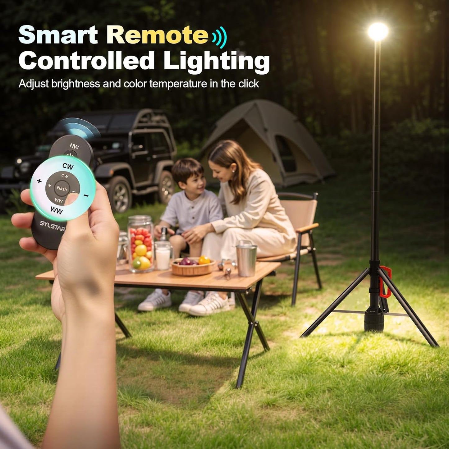 Lampa LED portabila SYLSTAR cu trepied telescopic 2.65m, 3000 lm, baterie 6000 mAh, telecomanda, 3CCT 3000K/4000K/6500K, reglaj luminozitate 10 trepte, autonomie pana la 48h, USB-C, iluminare pentru camping, outdoor si urgente, clasa energetica F