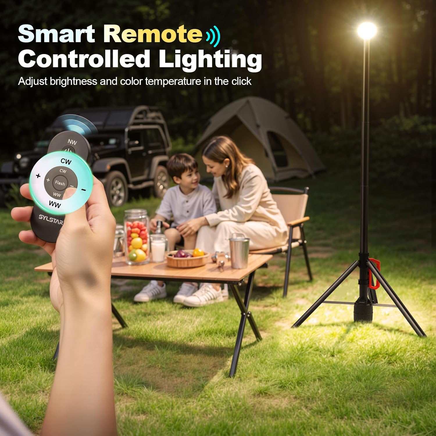 Lampa LED portabila SYLSTAR cu trepied telescopic 2.65m, 3000 lm, baterie 6000 mAh, telecomanda, 3CCT 3000K/4000K/6500K, reglaj luminozitate 10 trepte, autonomie pana la 48h, USB-C, iluminare pentru camping, outdoor si urgente, clasa energetica F