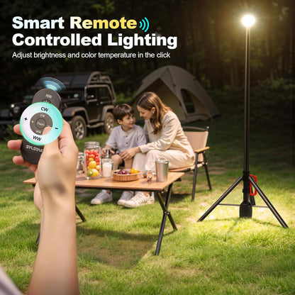 Lampa LED portabila SYLSTAR cu trepied telescopic 2.65m, 3000 lm, baterie 6000 mAh, telecomanda, 3CCT 3000K/4000K/6500K, reglaj luminozitate 10 trepte, autonomie pana la 48h, USB-C, iluminare pentru camping, outdoor si urgente, clasa energetica F
