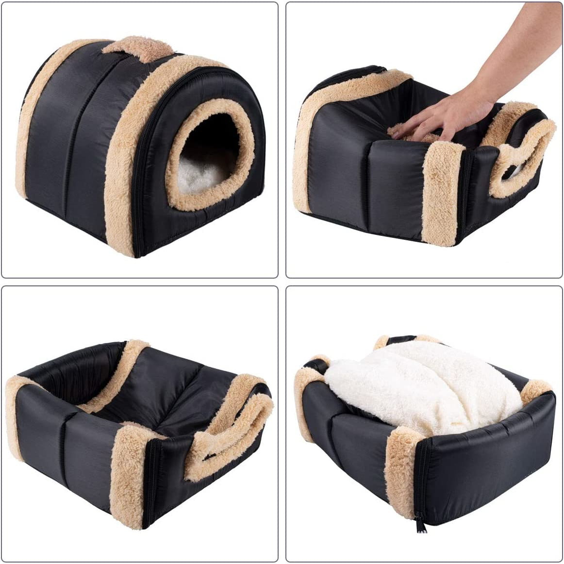 Pat pentru caini si pisici 2 in 1 casa si culcus, multifunctionala, captusita, cu baza antiderapanta, 35 x 30 x 28 cm, negru