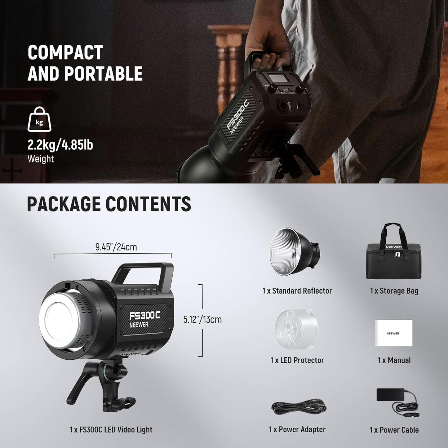 Lampa studio LED COB 300 W, RGB, 17 efecte, lumina continua COB 2500K-7500K, 29000 lux/1 m, dimabila, ventilator silentios, montura Bowens CRI95+/TLCI97+, cu control aplicatie dedicata, pentru fotografie de studio si inregistrare video