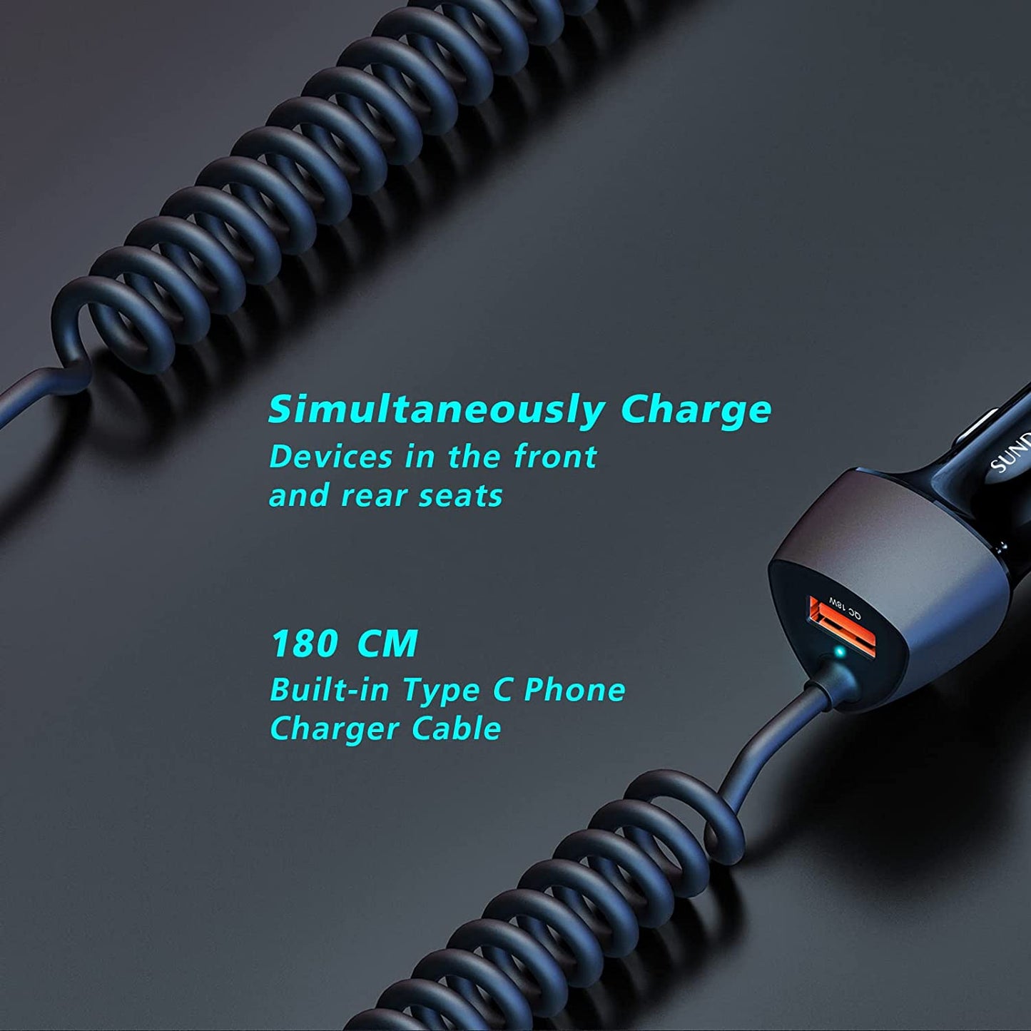 Incarcator auto fast charge 51W 12V~24V, PD&QC&PPS, cu cablu USB C 180 cm integrat, pentru iPhone 13/Xiaomi redmi Note 11/11s/Samsung/Huawei, Android, IOS