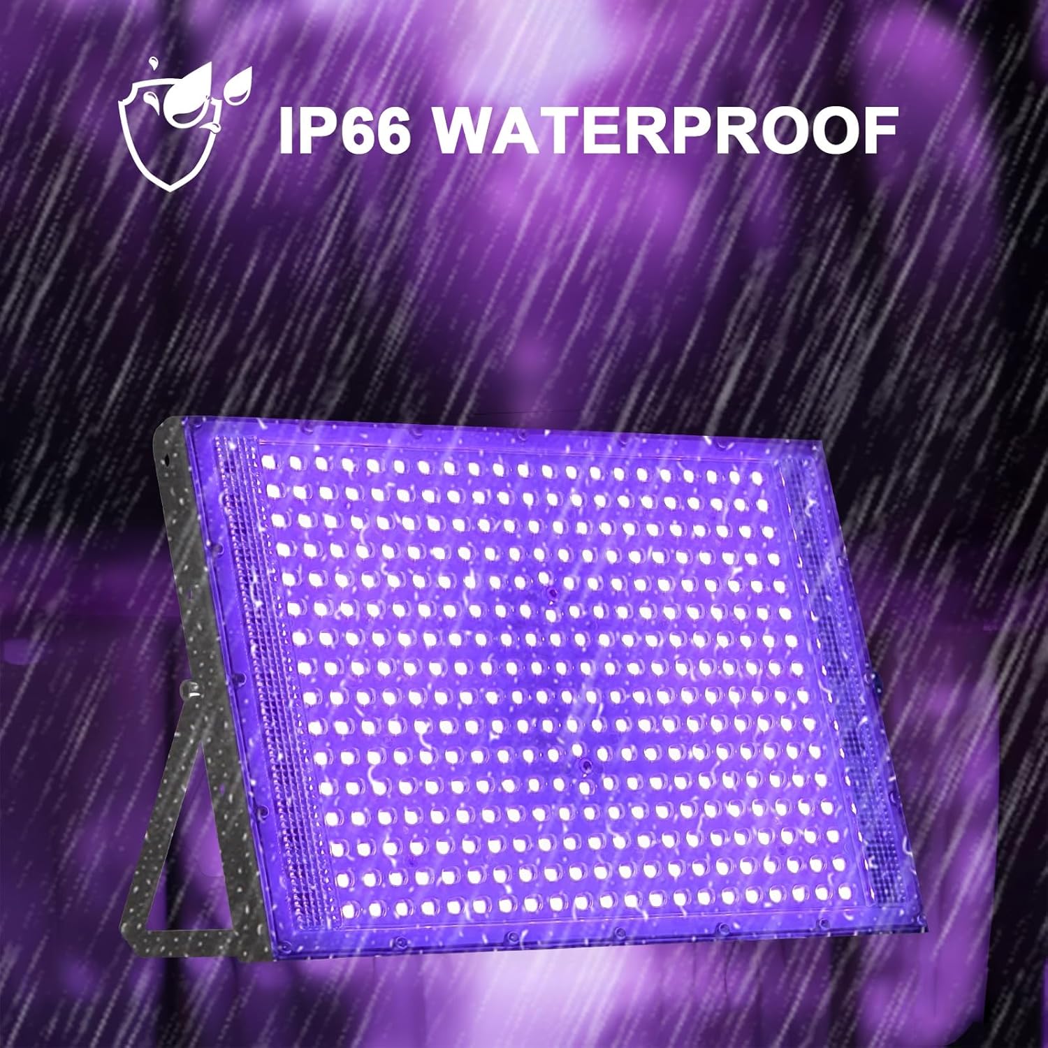 Set 2 proiectoare UV LED 300W IP66 395nm, lumina neagra 395 nm, IP66 impermeabil, SMD 2835, unghi 120°, carcasa aluminiu, suport reglabil 360°, pentru petreceri, cluburi, discoteca, bar, evenimente, lumina UV violet