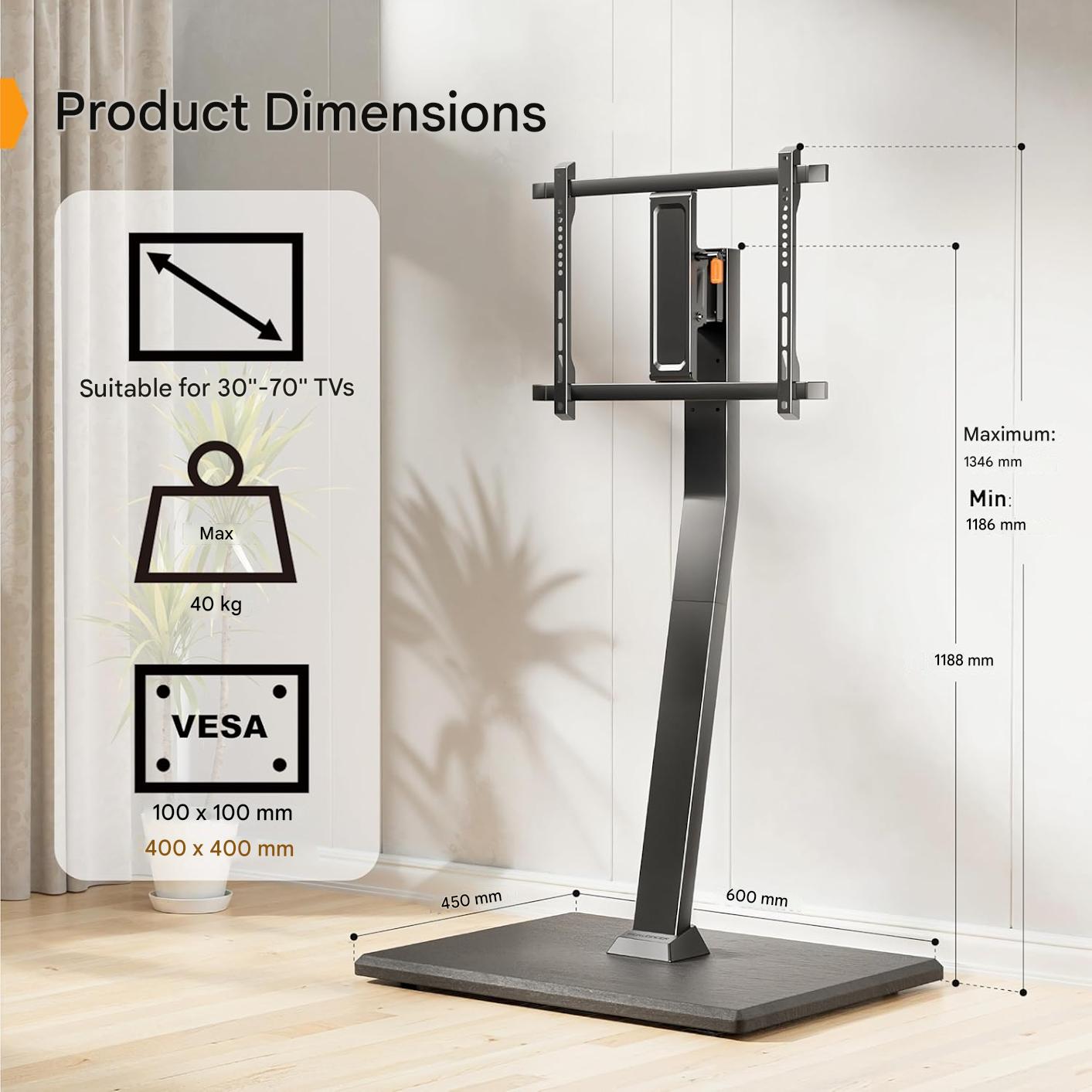 Suport TV, stand cu roti pentru televizor 30-70 inch, inaltime reglabila, 40 kg capacitate, unghi inclinare reglabil, VESA 400 x 400 mm, mobil, negru