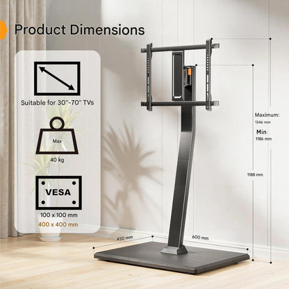 Suport TV, stand cu roti pentru televizor 30-70 inch, inaltime reglabila, 40 kg capacitate, unghi inclinare reglabil, VESA 400 x 400 mm, mobil, negru