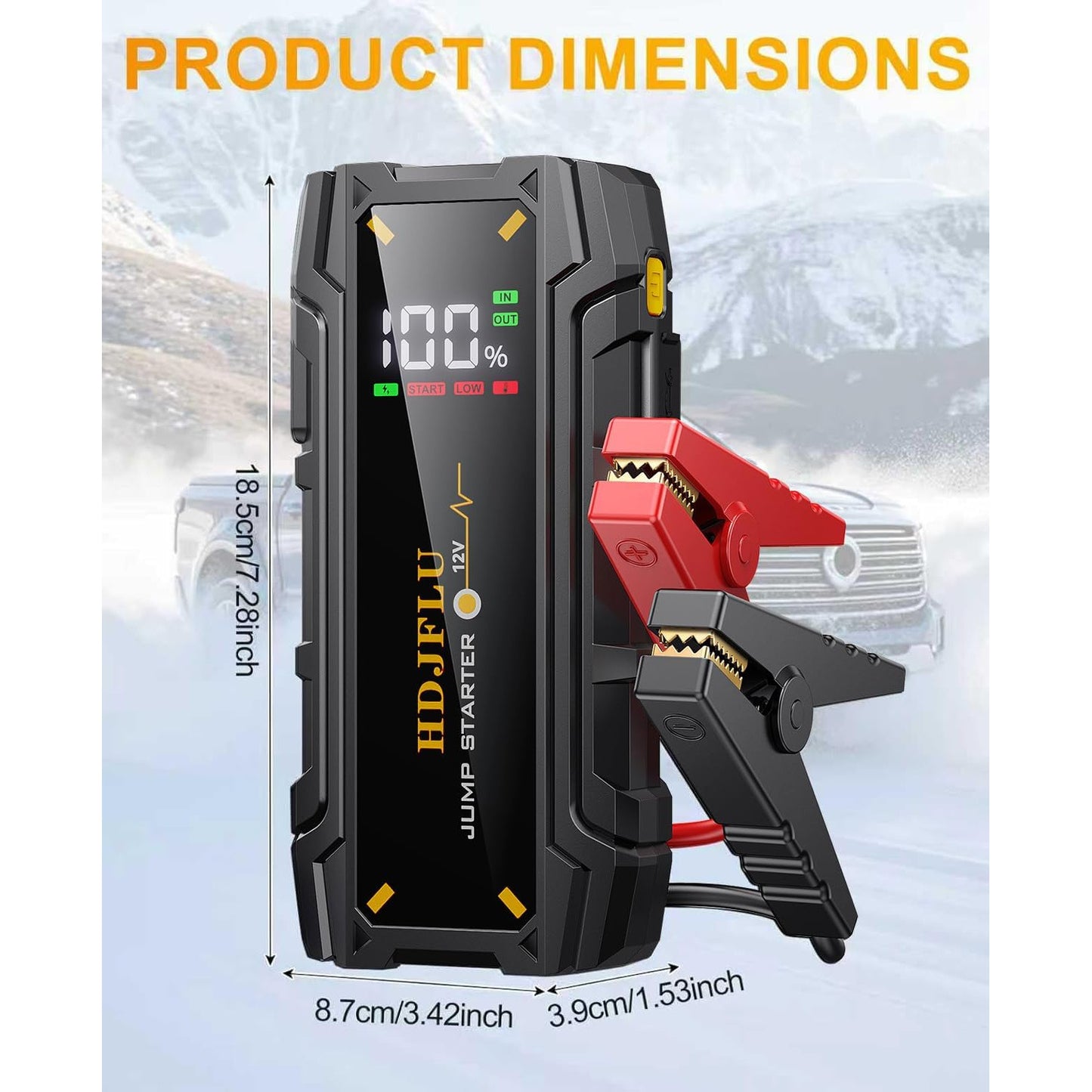 Starter auto portabil, jump starter 3000 A, robot de pornire cu functie powerbank de 24000 mAh, lanterna LED, ecran LCD, port USB-C, pana la 7 litri benzina si 5.5 litri diesel 12V, multifunctional
