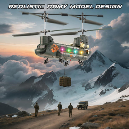 Elicopter cu telecomanda VATOS Chinook RC 2.4GHz, elicopter militar cu 2 motoare si 2 baterii reincarcabile, mentinere altitudine, decolare si aterizare cu un singur buton, lumini LED, sistem anti-blocare, zbor interior/exterior, pentru copii si adulti
