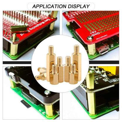 Set distantiere M3, mama-mama si mama-tata, din alama, cu suruburi si piulite din otel si saibe din plasitc, pentru placa PCB, 180 buc