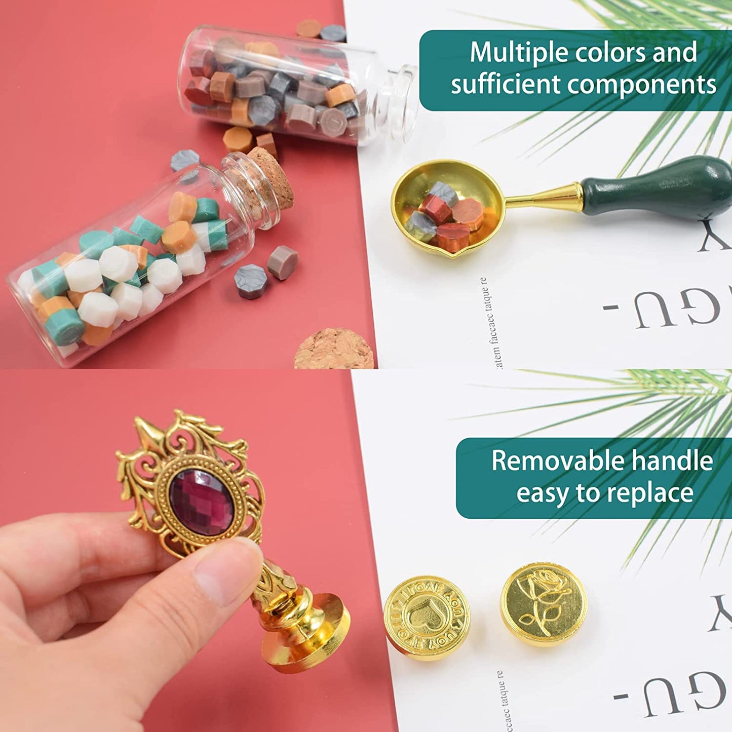 Set de stampile ceara, sigiliu cu 3 modele diferite, ceara multicolora, lumanare si lingura de topire