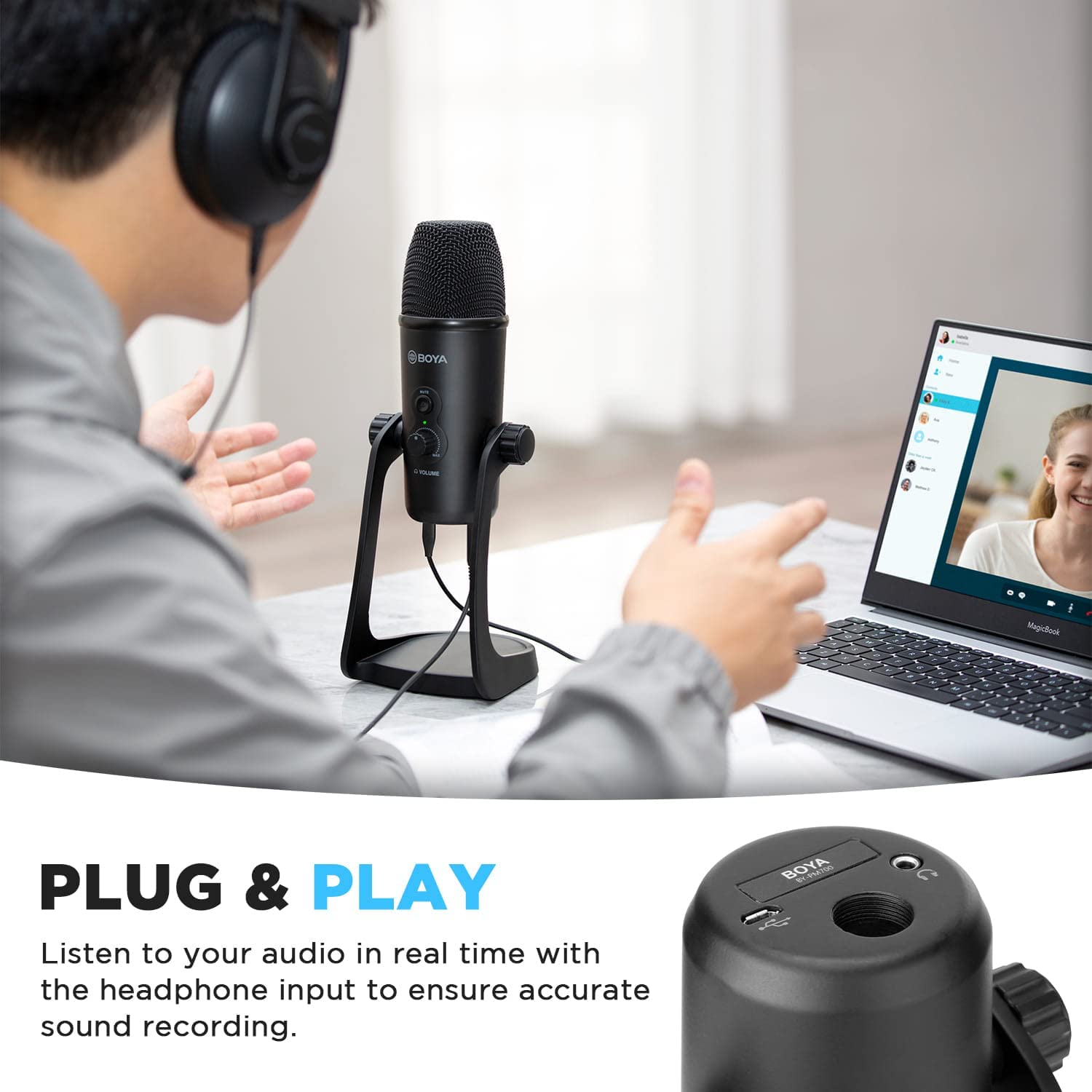 Microfon cu condensator BOYA BY-PM700, cu buton selectie polaritate Cardioid/Bidirectional/Omnidirectional/Stereo, cu stand, buton mute, iesire casti si surub mama 5/8", pentru PC