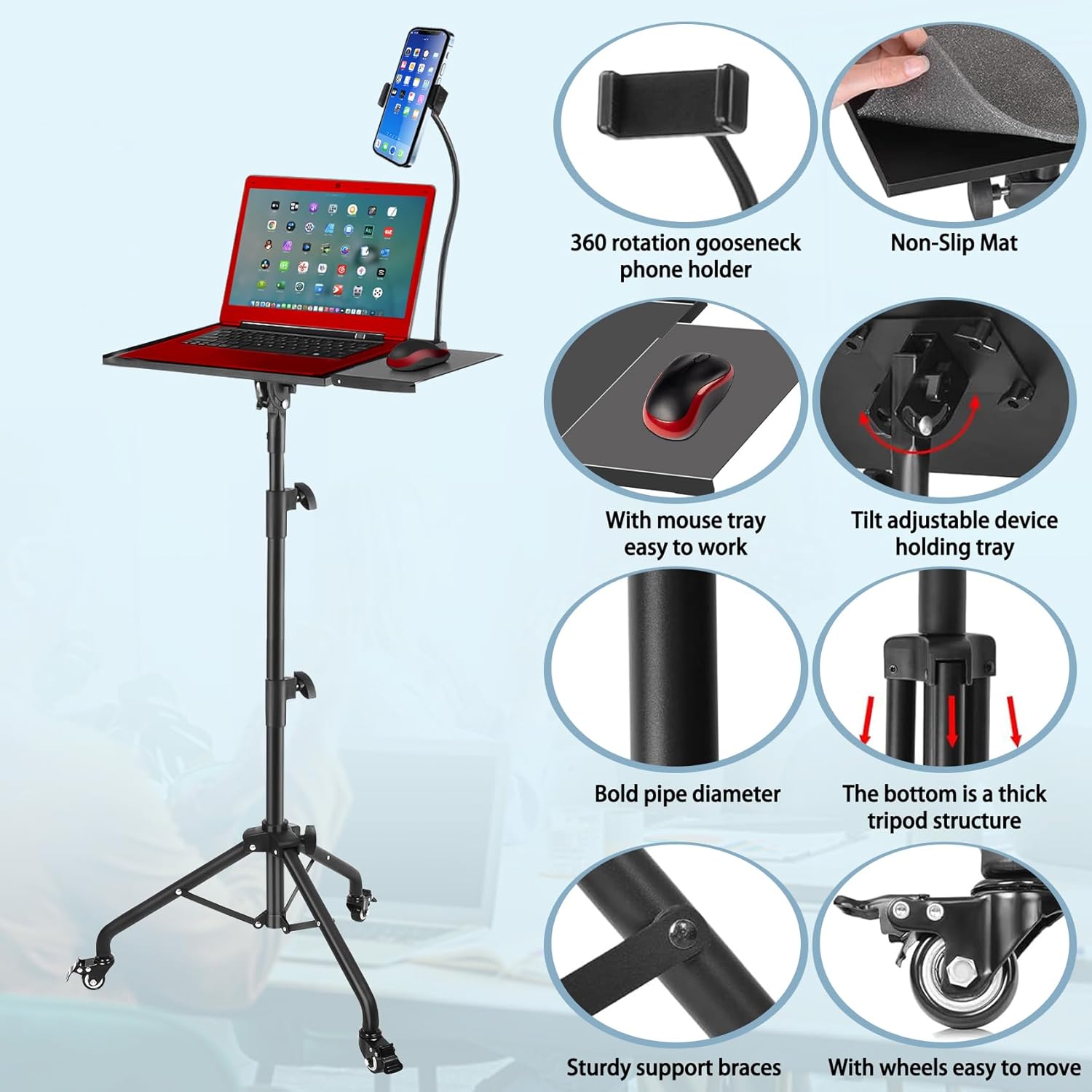 Suport mobil pentru videoproiector/laptop, stand cu inaltime reglabila 66-160 cm, suport smartphone, capacitate 10 kg, din metal, tava rotativa 360°, pentru proiector, tableta, mixer, laptop, partitura, negru
