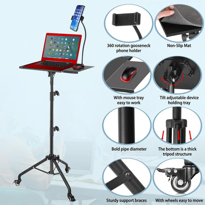 Suport mobil pentru videoproiector/laptop, stand cu inaltime reglabila 66-160 cm, suport smartphone, capacitate 10 kg, din metal, tava rotativa 360°, pentru proiector, tableta, mixer, laptop, partitura, negru