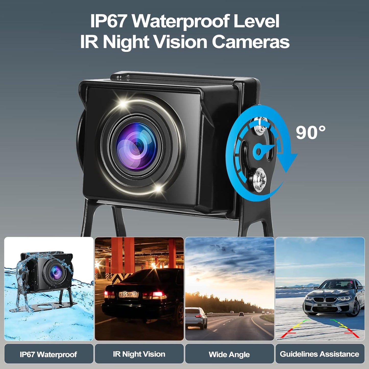 Multimedia player auto cu 4 camere marsarier impermeabile IP67 si nightvision, cu monitor touchscreen de 10, 36 inch, functie split screen, Bluetooth, Transmitator FM, pentru masina, camion, rulota, autocar