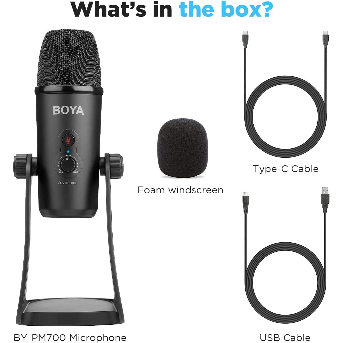 Microfon cu condensator BOYA BY-PM700, cu buton selectie polaritate Cardioid/Bidirectional/Omnidirectional/Stereo, cu stand, buton mute, iesire casti si surub mama 5/8", pentru PC