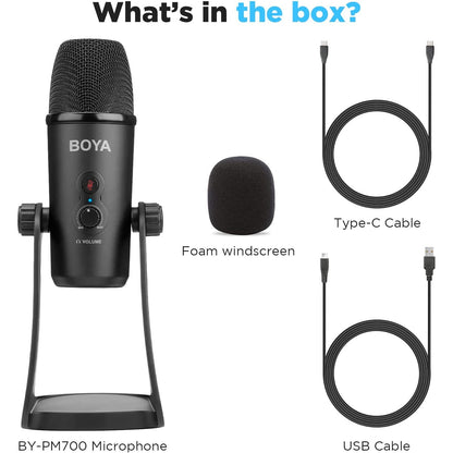 Microfon cu condensator BOYA BY-PM700, cu buton selectie polaritate Cardioid/Bidirectional/Omnidirectional/Stereo, cu stand, buton mute, iesire casti si surub mama 5/8", pentru PC