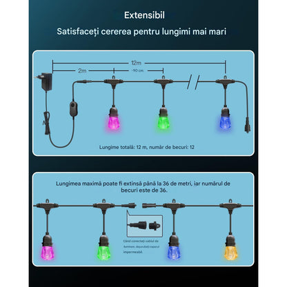 Ghirlanda luminoasa LED RGBW+IC, de 12 m, 12 becuri, fiecare bec controlabil individual, impermeabila IP65, dimabila, 16 milioane culori, aplicatie dedicata, compatibila Alexa/Google Assistant