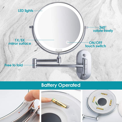 Oglinda cosmetica iluminata LED, 1X-5X, cu brat pliabil, fara fir, cu 4 baterii AAA, buton tactil, rotativa 360°, cu 2 fete