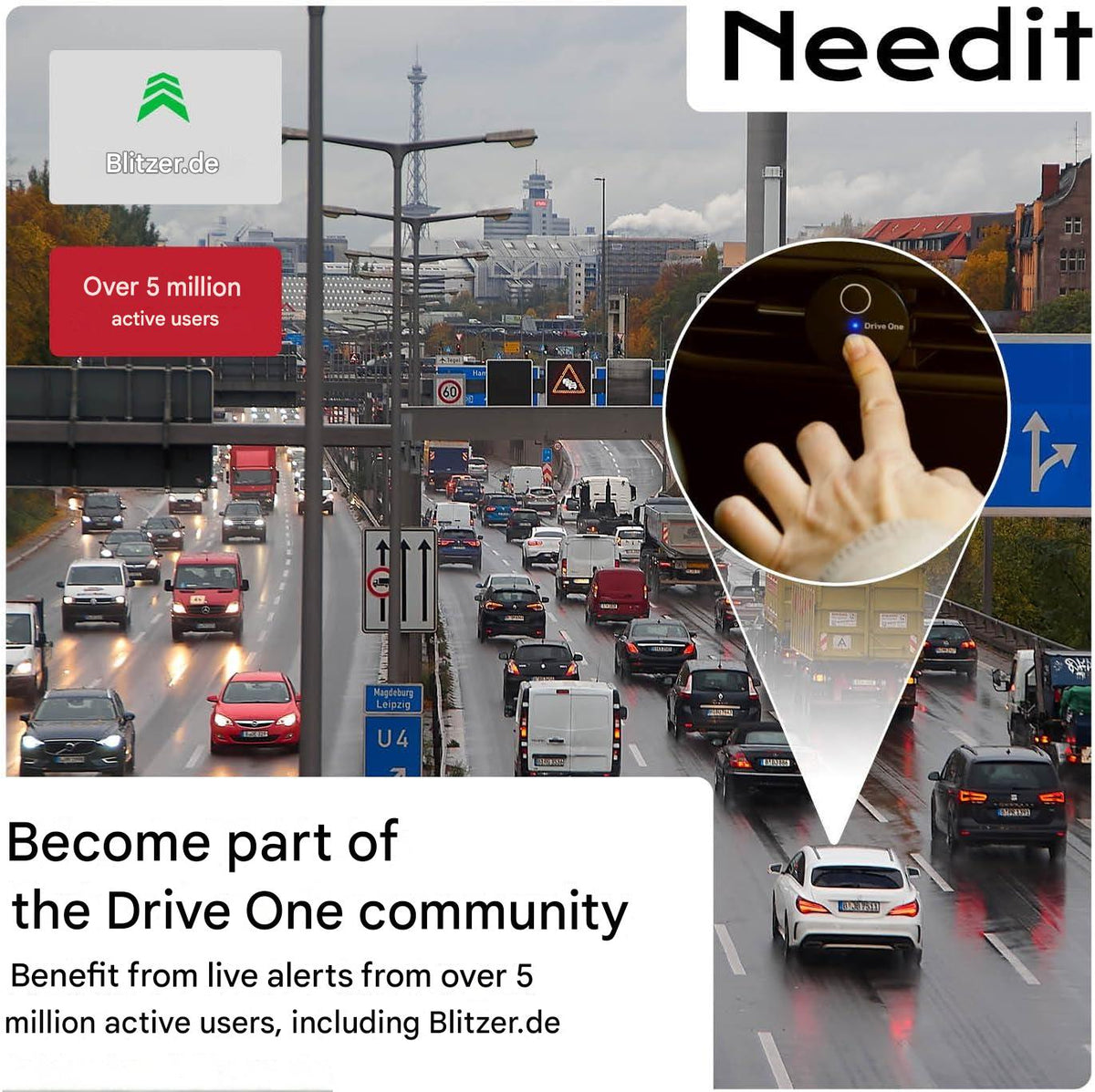 Alarma trafic Needit Drive One 2 Model 2026, avertizare camere radar fixe si mobile, avertismente sonore si LED, baza date BlitzerApp Europa, instalare automata Plug & Play, design discret pentru bord, negru