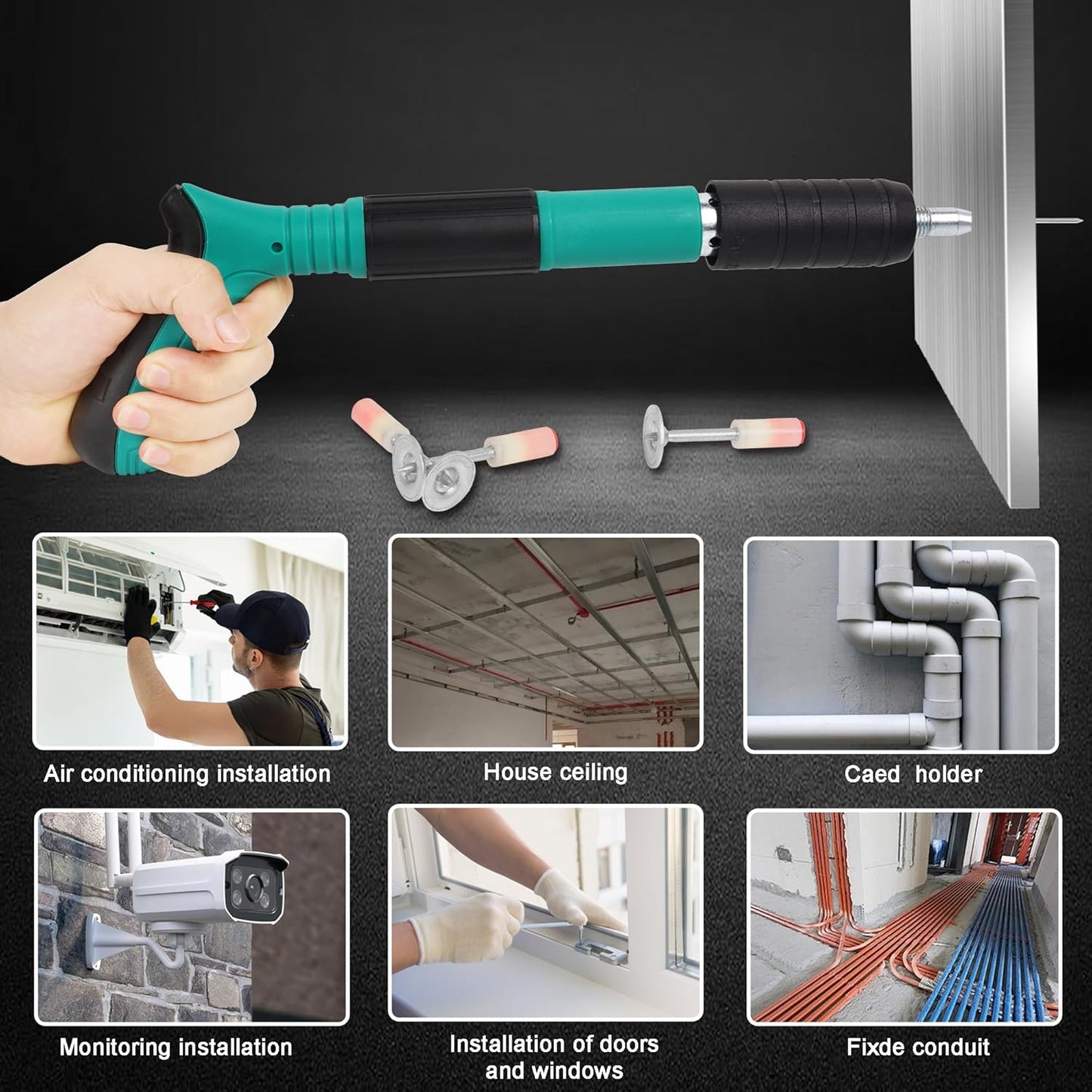Pistol de cuie manual, unealta pentru fixarea cuielor si bolturilor in beton, lemn, fier, perete, tavan, pardoseala, de 35 cm, cu 50 cuie rotunde incluse, 3 trepte de putere, in geanta de transport si depozitare