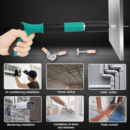 Pistol de cuie manual, unealta pentru fixarea cuielor si bolturilor in beton, lemn, fier, perete, tavan, pardoseala, de 35 cm, cu 50 cuie rotunde incluse, 3 trepte de putere, in geanta de transport si depozitare