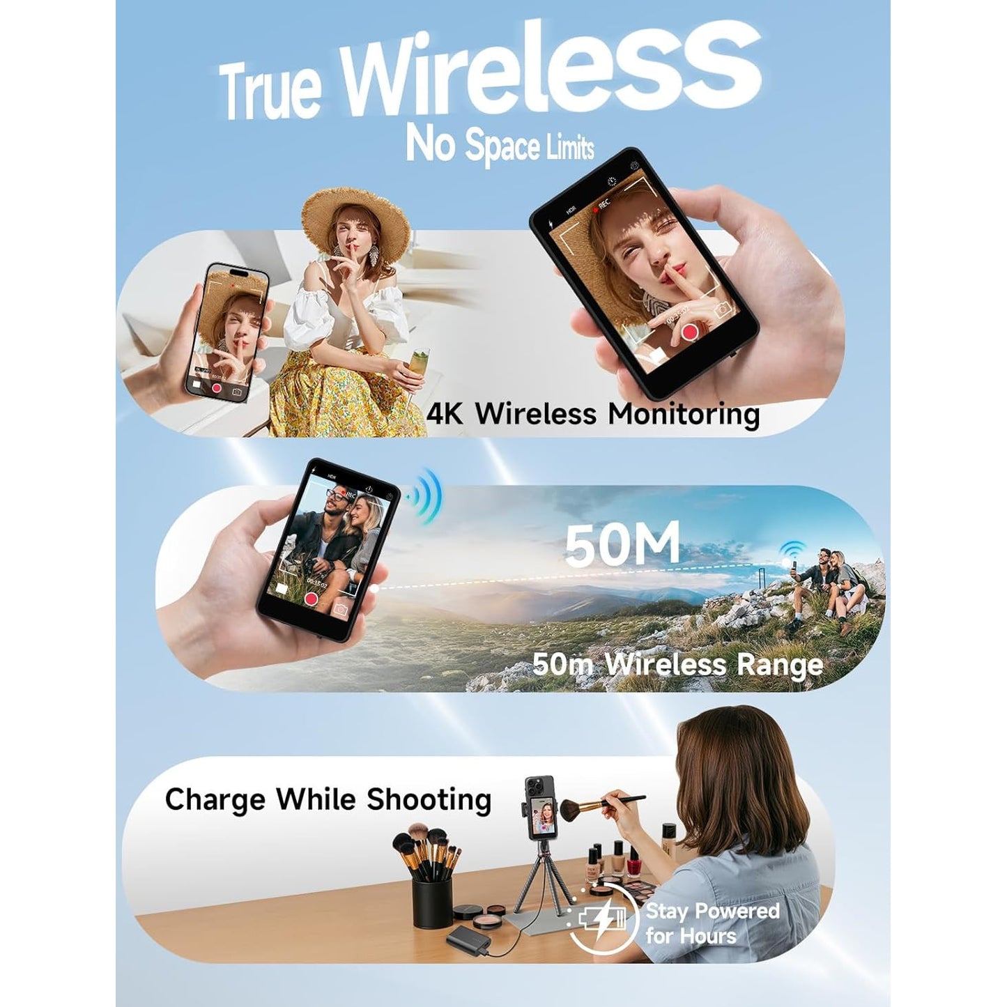 Monitor de selfie wireless pentru smartphone, ecran suplimentar magnetic pentru iPhone si Android, 3.9 inch, cu difuzor incorporat, 50 m distanta de conectare, autonomie 3 ore, negru