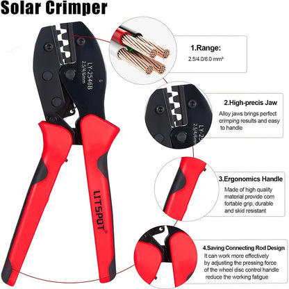Kit de sertizare cablu solar 2.5/4/6 mm² cu cleste de sertizat si cleste de dezizolat, cu 12 conectori MC4 si 2 conectori splitter, geanta de transport si chei speciale