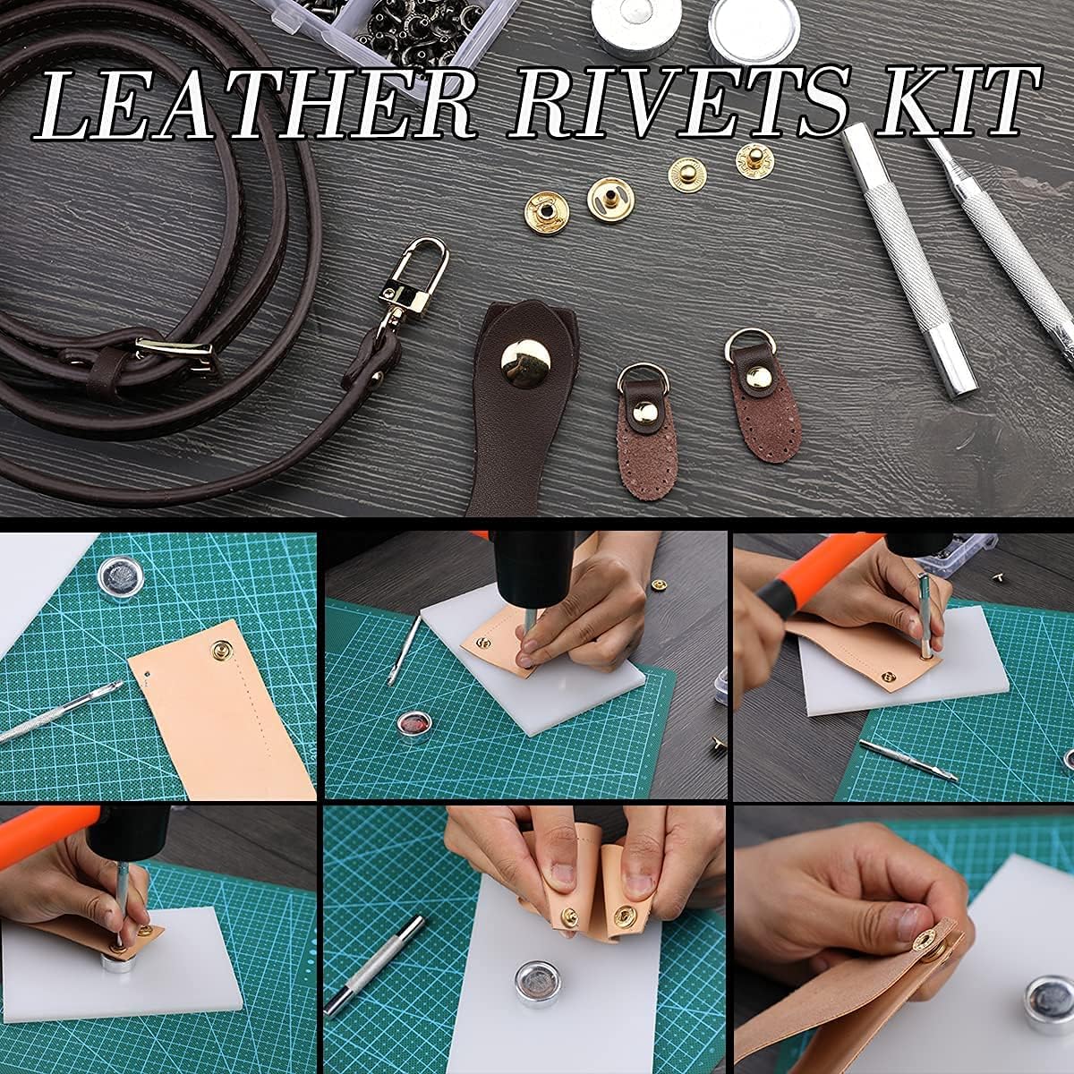 Set unelte prelucrare piele, 328 piese, cu scule modelaj, perforatori, ata pentru pielarie, ace de cusut, stampile, capse, placa de taiere, instrumente de bricolaj si marochinarie cu husa de depozitare si transport