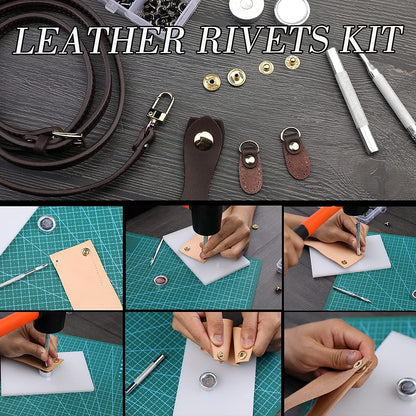 Set unelte prelucrare piele, 328 piese, cu scule modelaj, perforatori, ata pentru pielarie, ace de cusut, stampile, capse, placa de taiere, instrumente de bricolaj si marochinarie cu husa de depozitare si transport