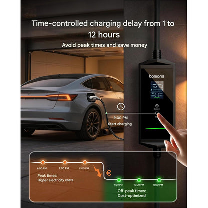 Statie de incarcare portabila EV Tomons 11kW (Mobile Wallbox), Type 2 7m, 400V trifazic 6-16A reglabil, aplicatie Bluetooth, ecran LCD 2.4”, IP65, timer, compatibil Tesla Model 3/Y, VW ID.3/4/5/7
