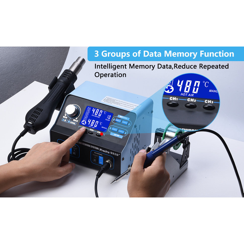 Statie de lipit si dezlipit profesionala 750W Preciva 992D cu aer cald pentru dezlipire, cu display LCD, temperatura reglabila si functie memorie