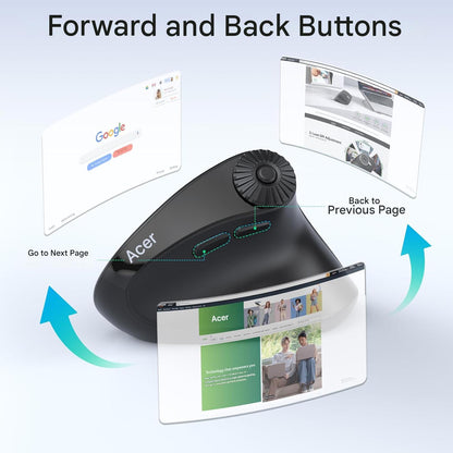 Mouse Wireless vertical Acer, Bluetooth 5.2 + 2.4GHz, 4000 DPI, 8 butoane, rotita scroll laterala, conectare 3 dispozitive, ergonomic 59°, negru